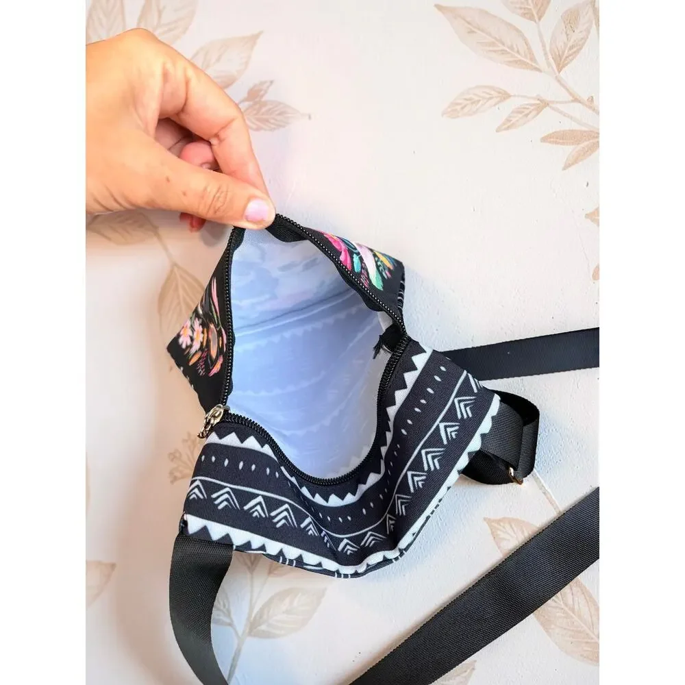 Chihuahua Crossbody Bag Black Floral Dog Purse Adjustable Strap Zipper Pocket